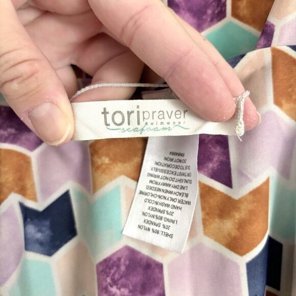 NEW Tori Praver Seafoam Chevron Geometric Print One Piece Swimsuit Sz Small - Picture 9 of 10